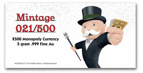 2024 5g Monopoly Gold Foil Note Cert