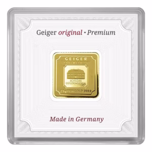 2.5 gram Geiger .9999 Gold Square Minted Bar (in Capsule)